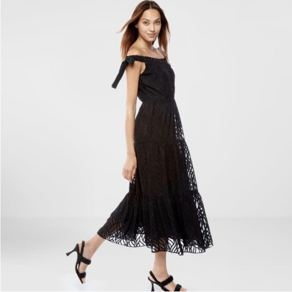 NWOT Sam Edelman Off Shoulder Maxi Dress Size 8 Black Tiered Tie Shoulder